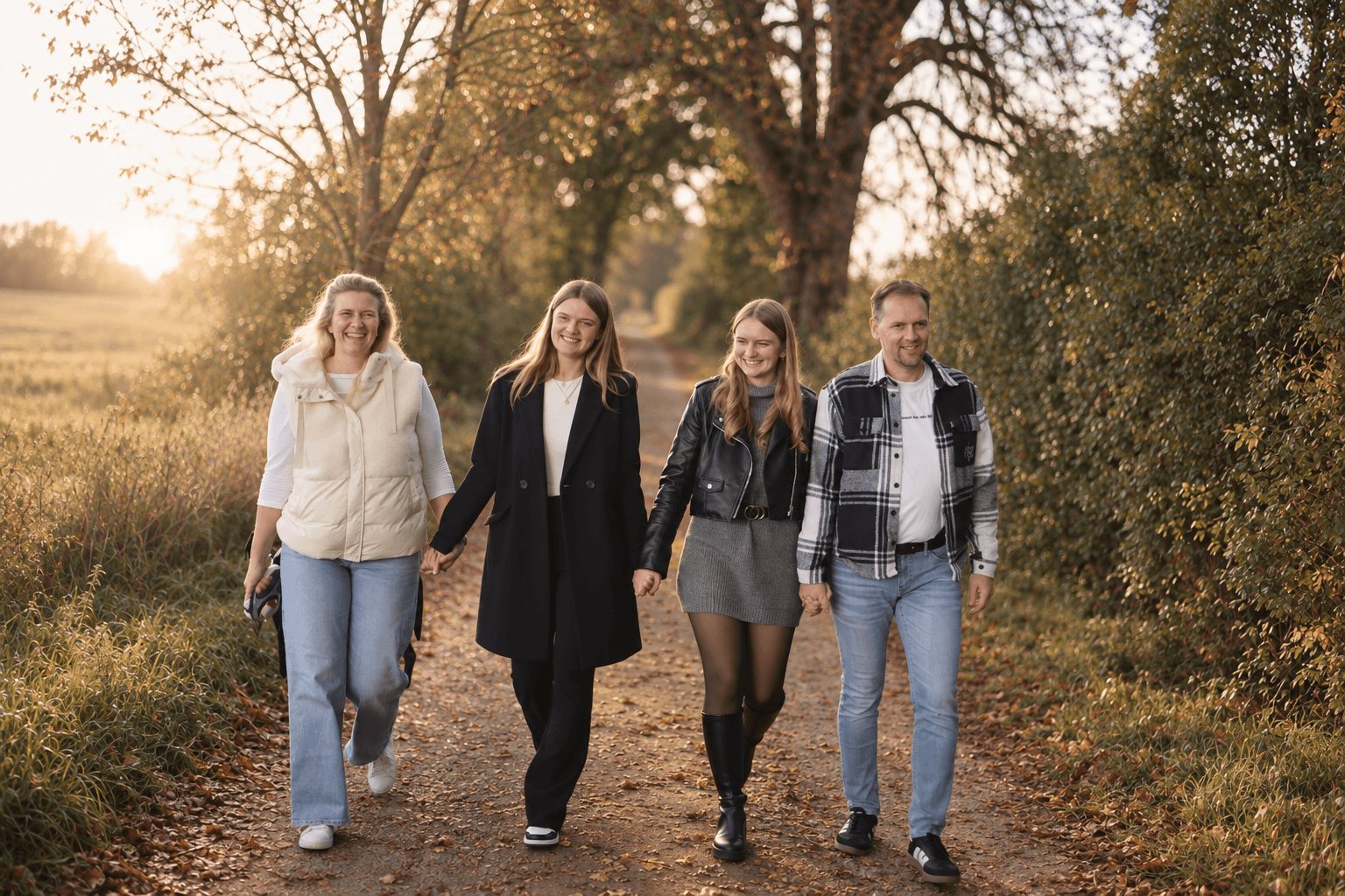 Familie beim Spaziergang auf einem sonnigen Herbstweg