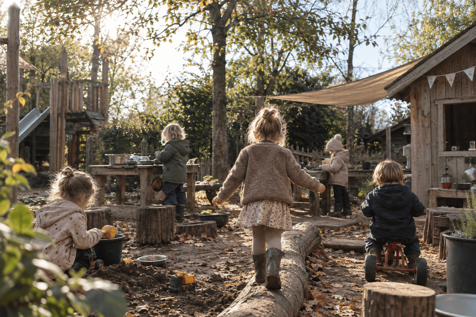 Kinder spielen gemeinsam auf einem naturnahen Außenspielplatz