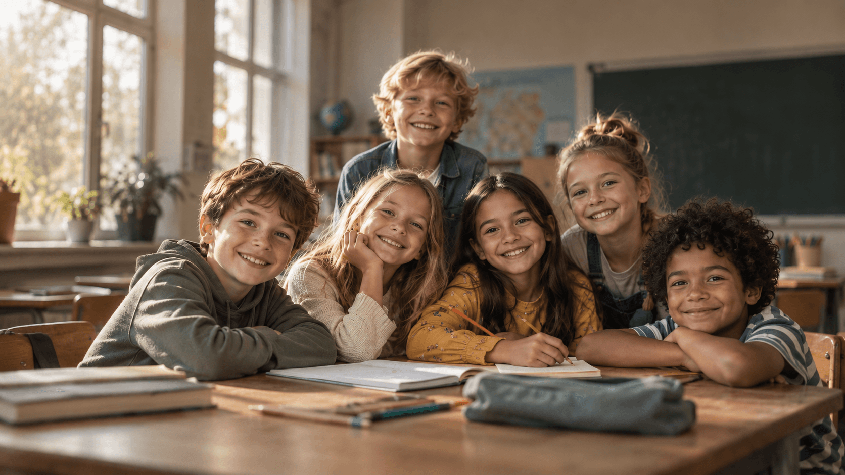 Sechs lächelnde Schulkinder gemeinsam an einem Klassenzimmertisch